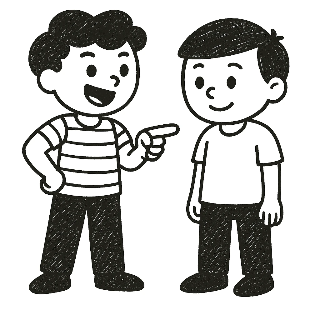 Edit the image of the little boy with left hand on his hip to now have him pointing at another boy next to him. Keep the doodle style and character details the same as the original. emoji