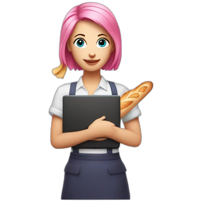 lady with pink Hair and Blue eyes holding a baguette and a laptop emoji