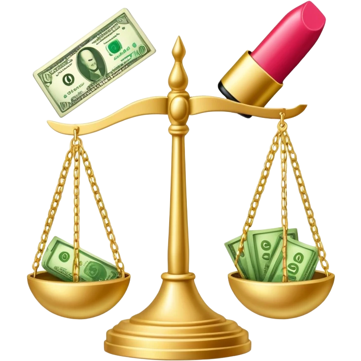 gold scale with green dollar bills on left side and lipstick and nail polish on right side emoji