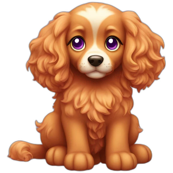 A bright-red puppy with long fur, floppy ears, a curly tail and purple eyes emoji