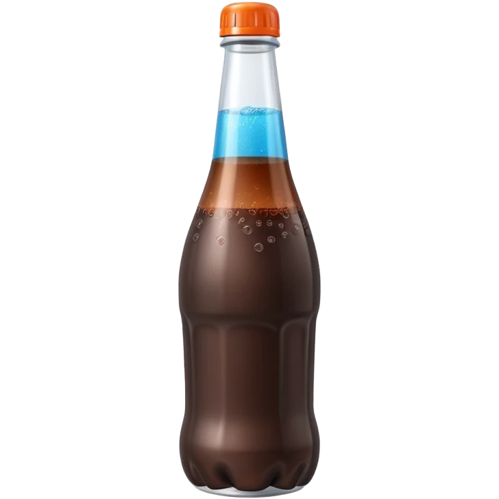 soda bottle, plastic, dark brown or bright soda, narrow neck, colored cap, bubbles for carbonation, fizzy and refreshing, 3D-rendered, minimal, no faces emoji