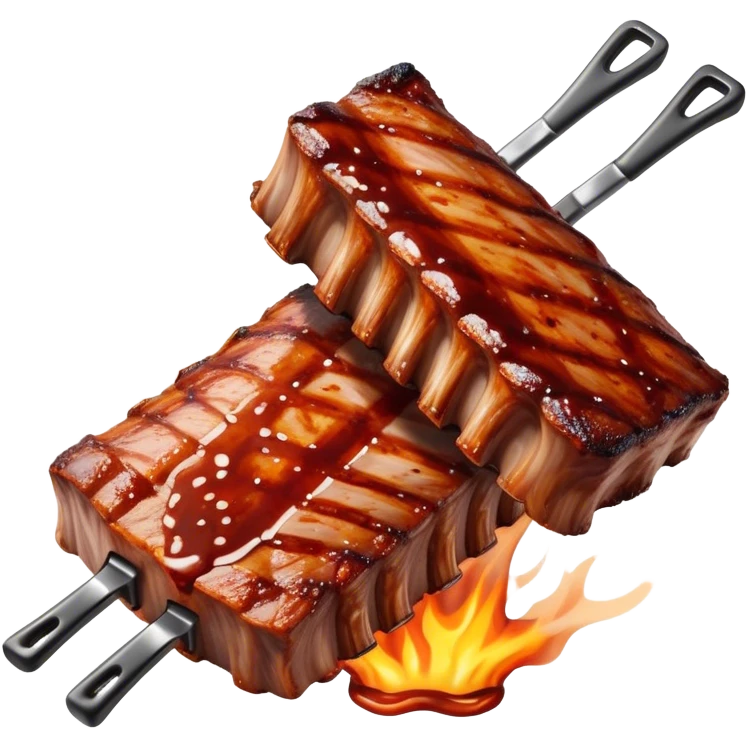 Cinematic juicy grilled ribs, glistening with smoky barbecue sauce, charred edges, tender meat falling off the bone, sizzling on a hot grill, mouthwatering and rich, warm and inviting, ultra-realistic and delicious. emoji