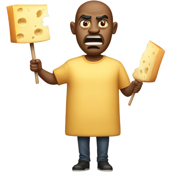 Angry man holding a piece of really big cheese on a stick emoji