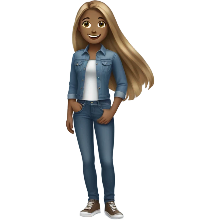 Long brown hair with blonde highlights girl in denim smiles emoji