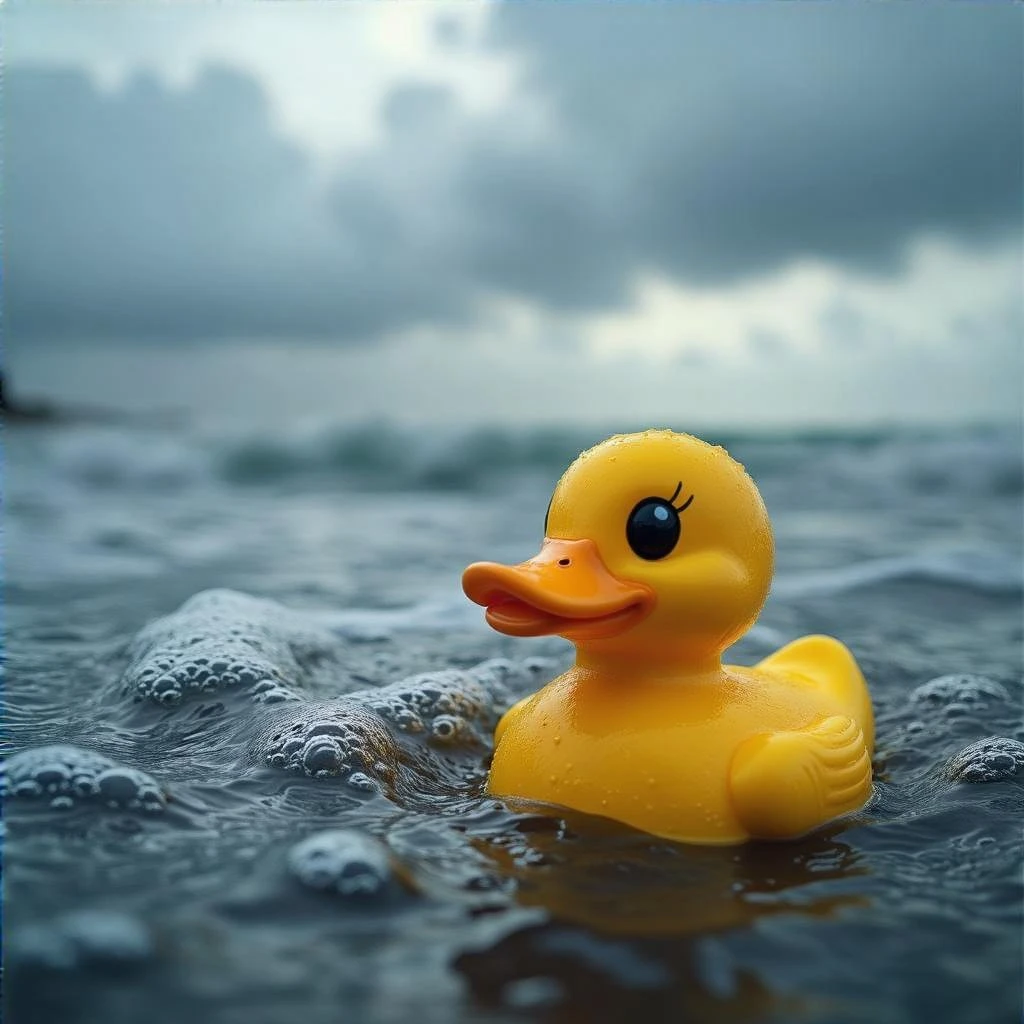  Cinematic still, Extreme Closeup shot of Yellow duck toy on ocean during cloudy day, stormy sea, Camera from top, inspired by interstellar emoji