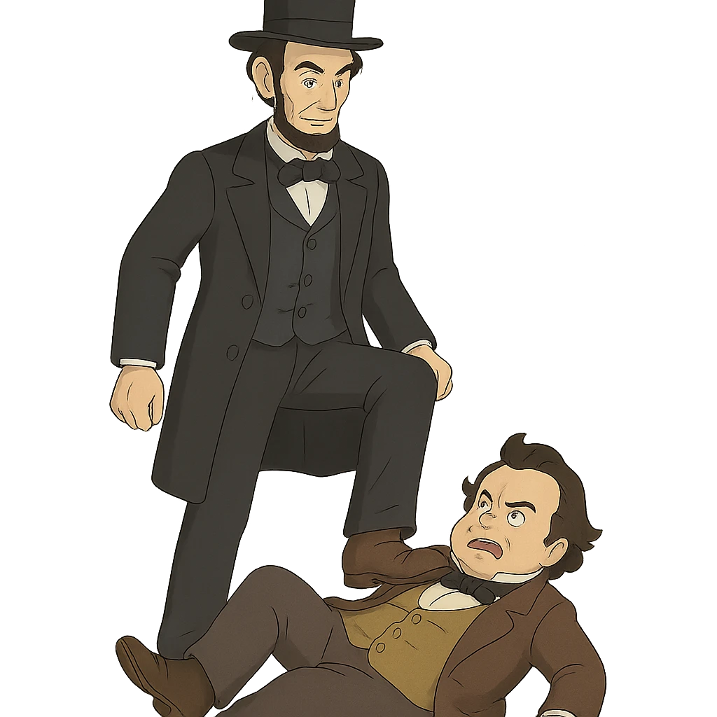 ghibli style Abraham Lincoln stepping on Stephen Douglas emoji