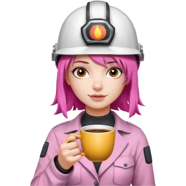 сделай молодую девушку с розовыми волосами, накрашенную красиво, с стаканчиком кофе и в каске с инстаграмным выражением лица emoji