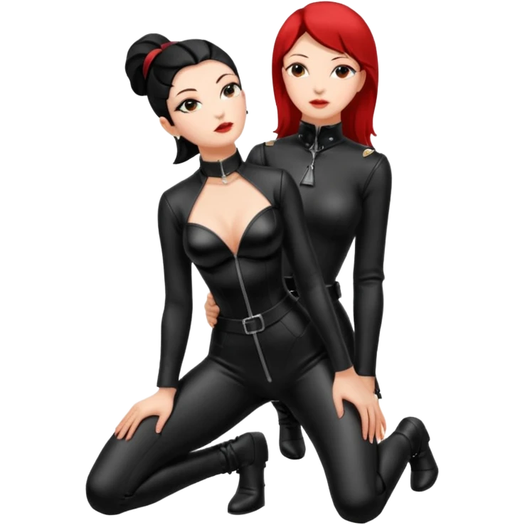 A woman on her knees for another woman, while the other woman stands up next to her. The woman standing is a dominatrix emoji