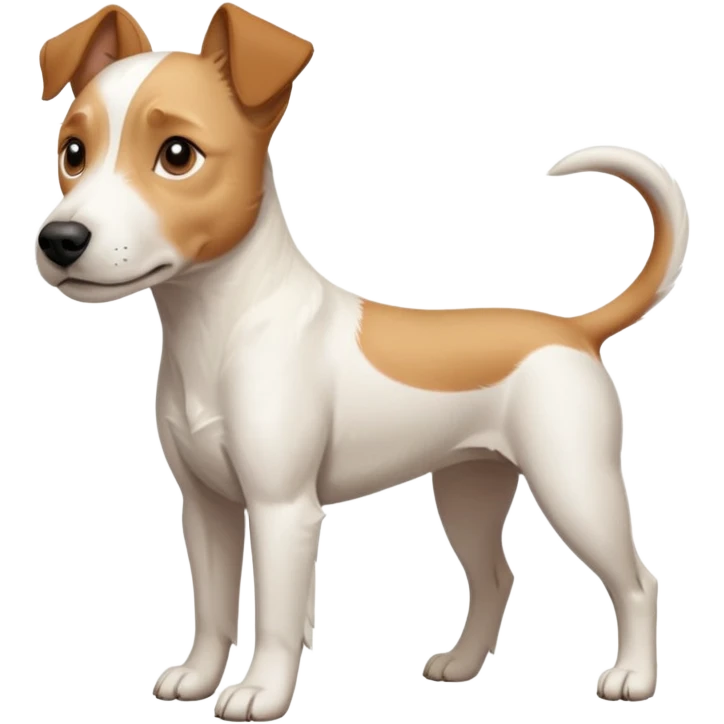 a full body facing front on of a buff white parson russell terrier looking dog the size of a kelpie with light brown long ears resting on its face and a light brown patch above one eye and a large snout. the rest of the dog is completely white.  emoji