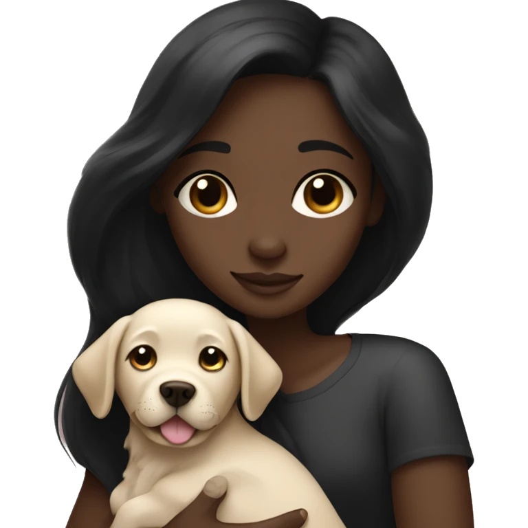 girl with very long black hair and dark skin hugging a Labrador puppy emoji