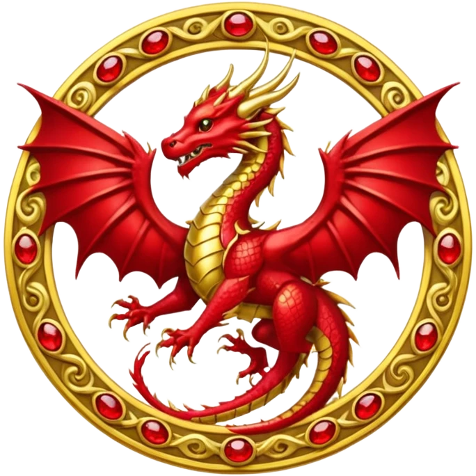 Golden dragon with wings crest / brosch in a circle with red gems and no background emoji