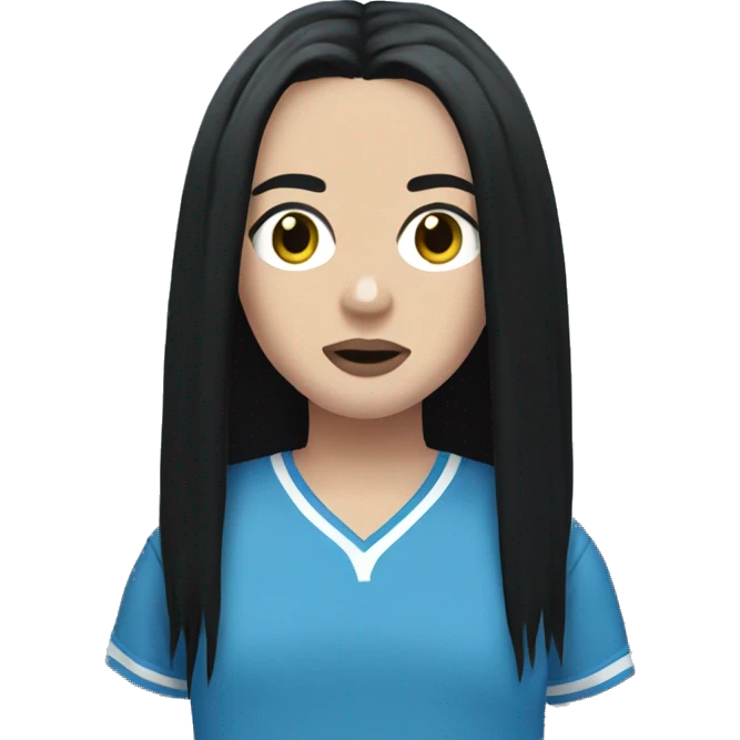Billie eilish with long black hair in a blue jersey  emoji