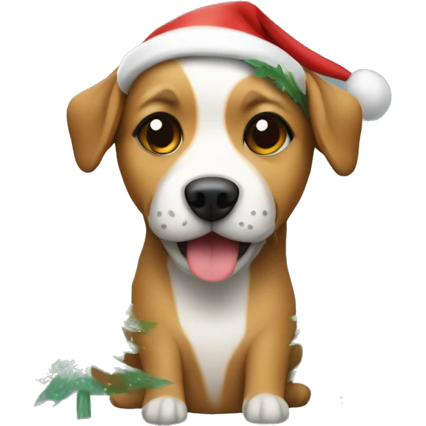 Dog with Christmas hat and Christmas tree lights wrapped around the dog emoji