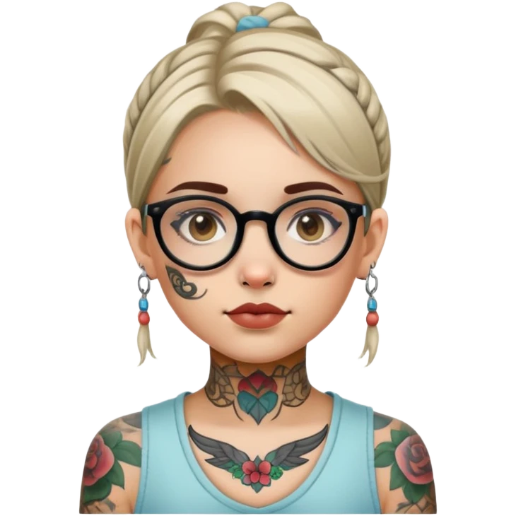 young girl with face tattoos wearing glasses emoji