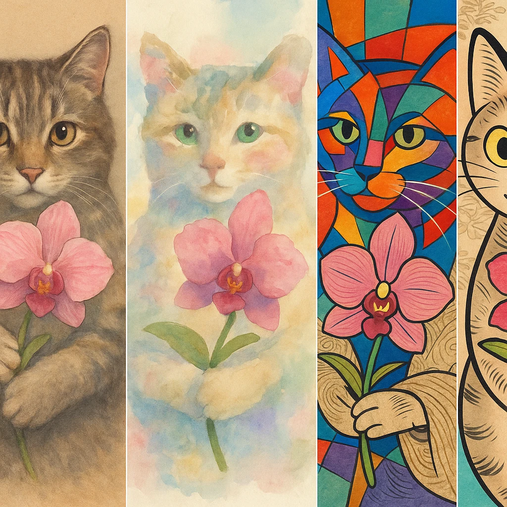 cat holding a spring orchid, diverse artistic styles emoji