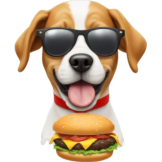 A dog wearing sunglasses and a Christmas hat while eating a burger emoji