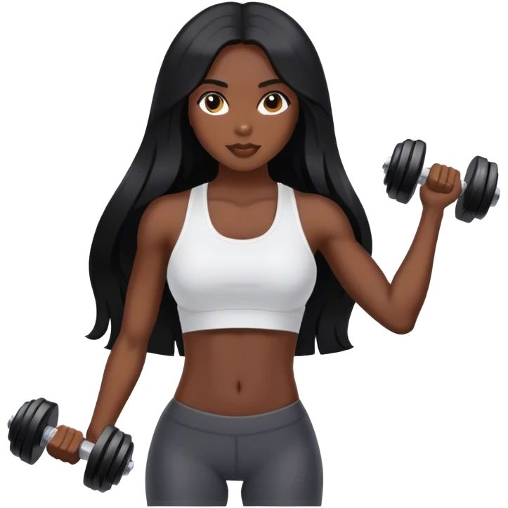 A girl with dark skin, long black hair, with an athletic body, in the hand of a dumbbell emoji