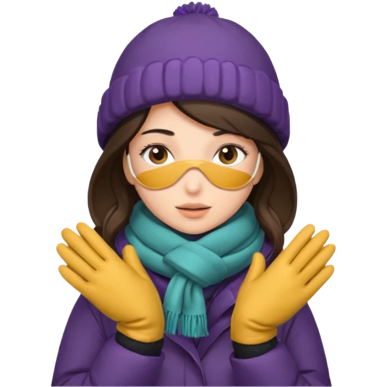Brunette woman bundled up with parka, hat, scarf, and glvoes. The scarf covers her face  emoji