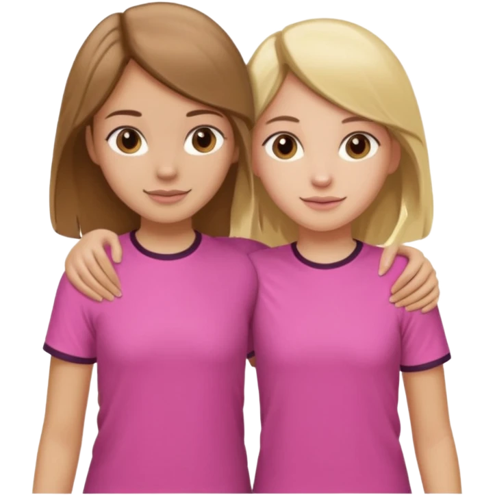 Two Girls with their arms around each other at summer camp one blonde one brown hair brown hair wearing pink shirt emoji