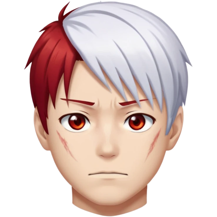 Shoto Todoroki face only, left side white hair, right side red hair, heterochromatic eyes, burn scar on left side of face, serious expression emoji