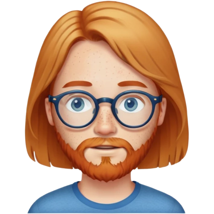 girl with shoulder-length brown hair, round glasses, and freckles. Man eith blonde hair, blue eyes, pale skin, freckles all over and red beard. emoji