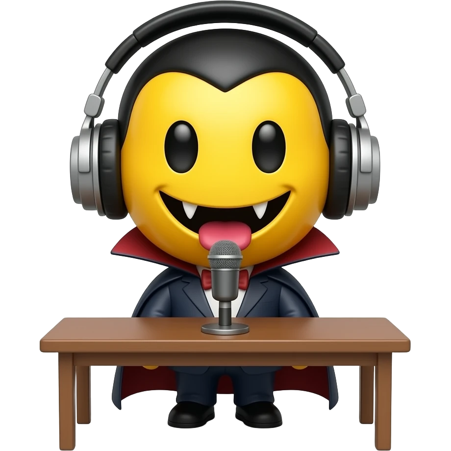 Vampire yellow smiley face with headphones and a standing desk microphone emoji
