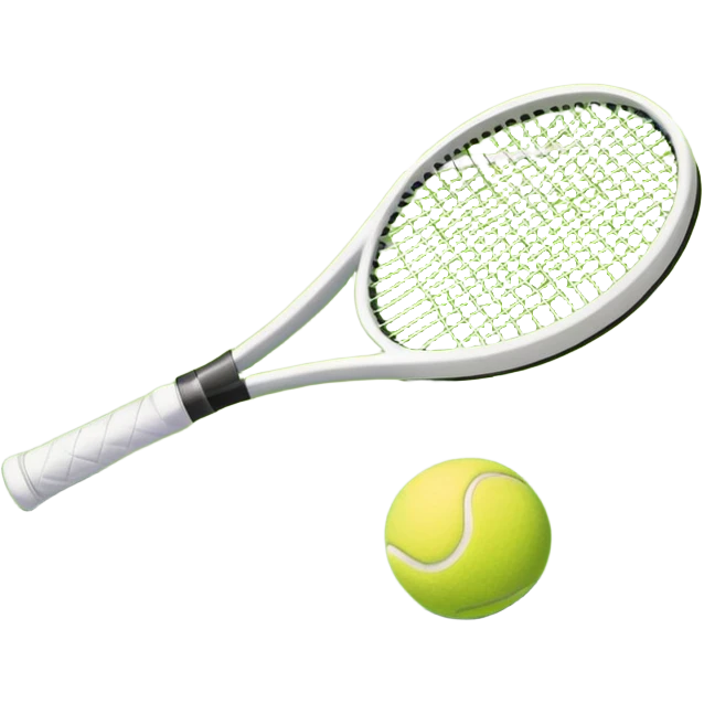 A tennis racket and ball positioned on a grass court, with the net and lines clearly visible in the background. The scene emphasizes the classic elements of the sport, capturing the energy and precision of a tennis match. emoji