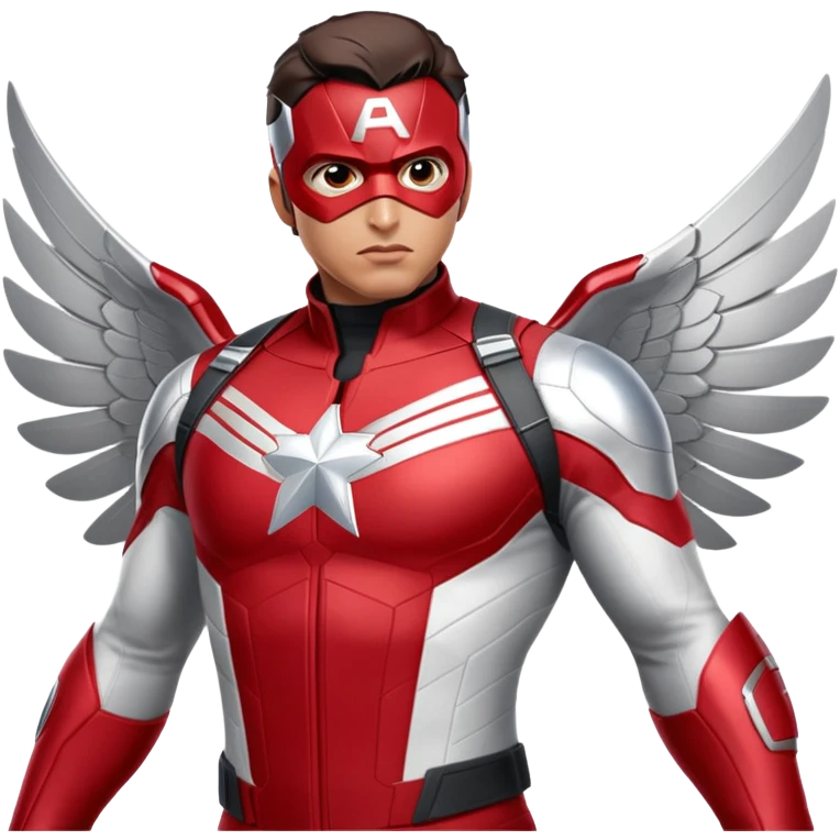 Danny Ramirez as the new Falcon in Captain America: Brave New World, wearing a sleek, high-tech red, white, and silver suit with aerodynamic wings. His expression is determined and heroic, ready for action. The background features a dramatic sky, highlighting his flying abilities emoji