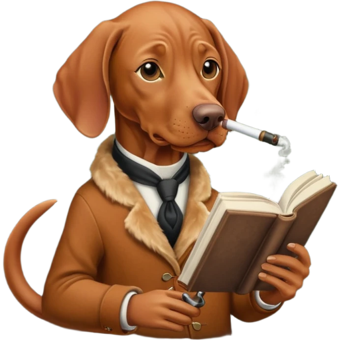 Vizsla reading a book and smoking a pipe emoji