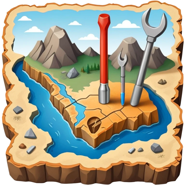 An icon featuring a crowbar and chisel, a geological map, and layers of Earth’s crust, symbolizing geology. The design includes mineral samples, fossils, and tectonic plates, representing the study of Earth’s structure and natural processes. Transparent background highlights geological exploration emoji