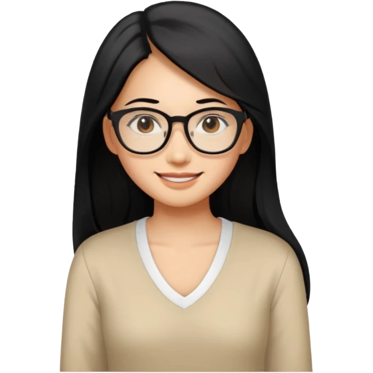 medium tan asian woman with long black hair past middle of back, round brown eyes, white v neck blouse. she has black thick frame rectangular glasses on and smilling emoji