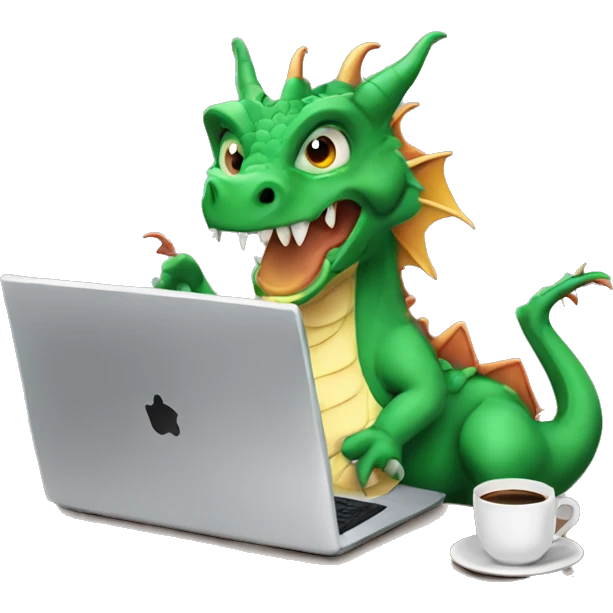 dragon on a laptop, wearing a shirt with the words hump day on it, with a cup of coffee in his right hand emoji
