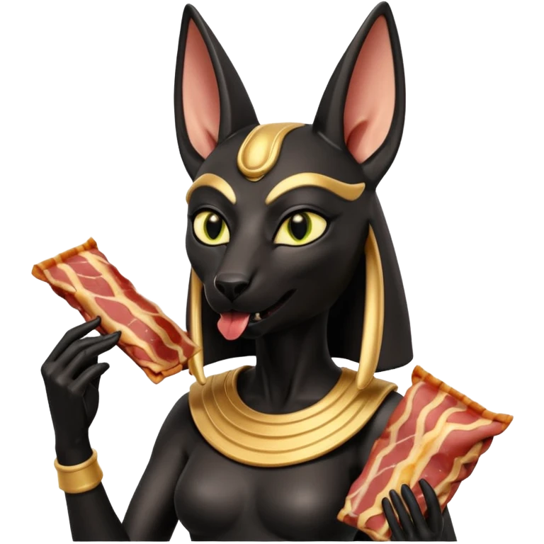  mean Short-eared Black fur beautiful female alien anubis statue posed biting on store-brand bacon packaging  emoji