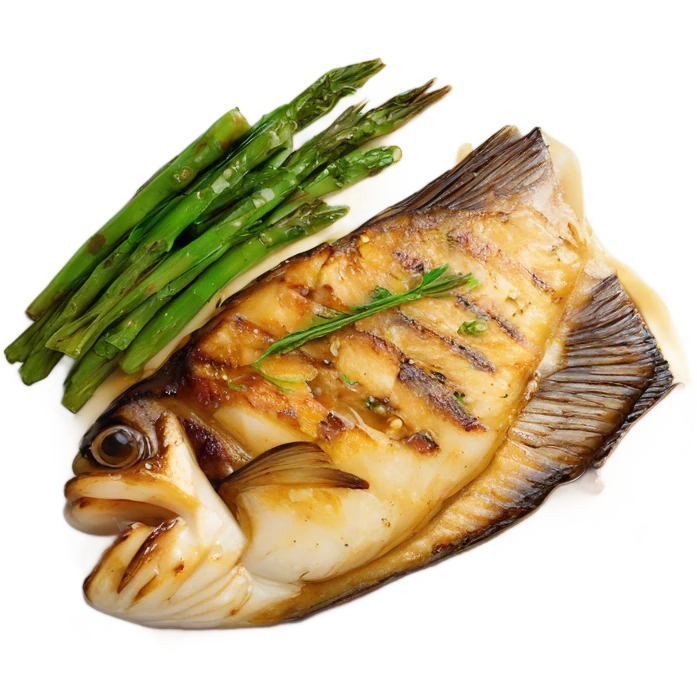 grilled fish fillets with brown butter sauce on white plate emoji