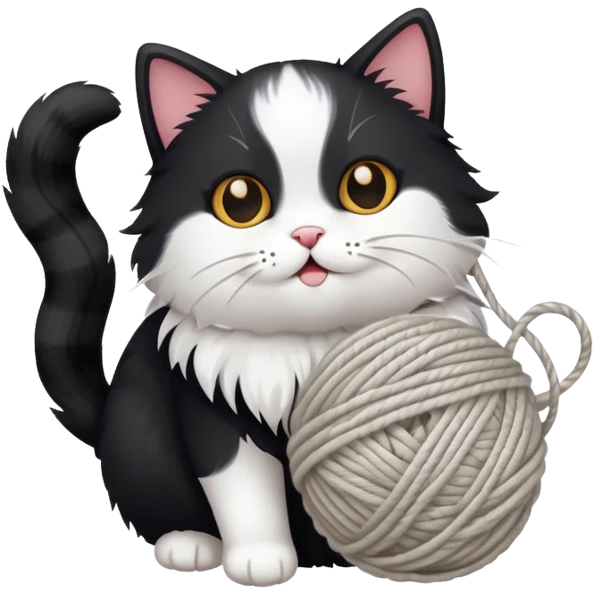 Black white cat plays with 🧶 emoji
