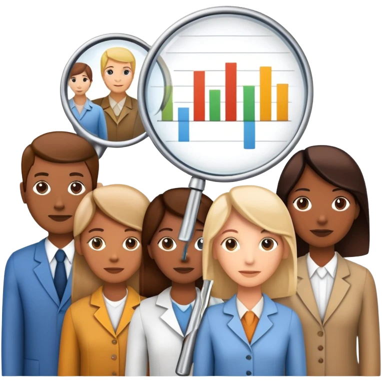 An icon featuring a group of diverse people, interconnected by lines, symbolizing sociology. The design includes a magnifying glass and a bar chart, representing the study of societies and social structures. Transparent background highlights the analysis of human behavior and social dynamics. emoji