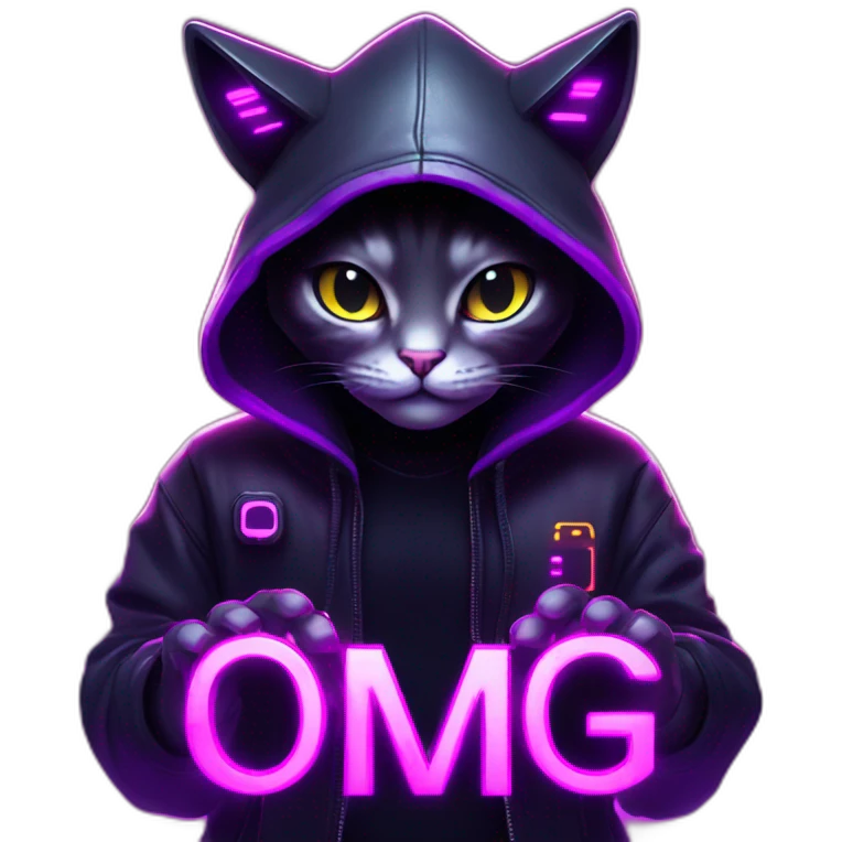 cat wearing a black hoodie with "OMG" letters on it and VR headset in a cyberpunk VR environment with violet neon lighting. emoji