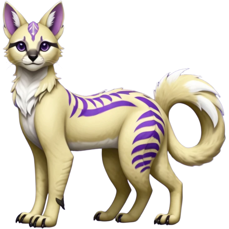 banana-cream-colored fur base coat, with violet-pointed, tropical tribal glorious divine exotic cute cool beautiful beautiful fantasy-caracal-civet-genet-sergal-vernid-Gryphon-Cacomistle-Trico-oncilla-animal-Fakémon-hybrid-fursona (full body) emoji