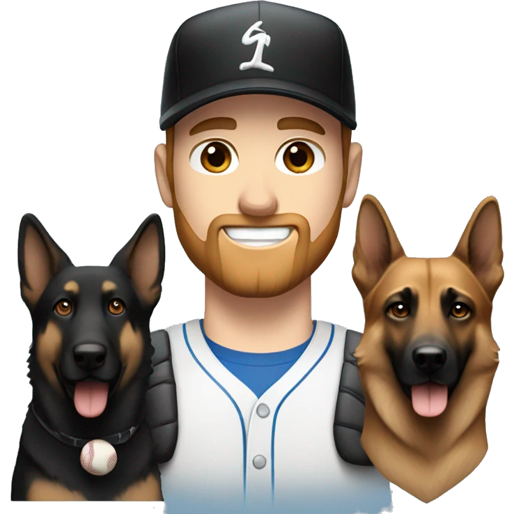 white male with blue eyes, a black beard and a baseball hat alongside a black and brown german shepherd  emoji