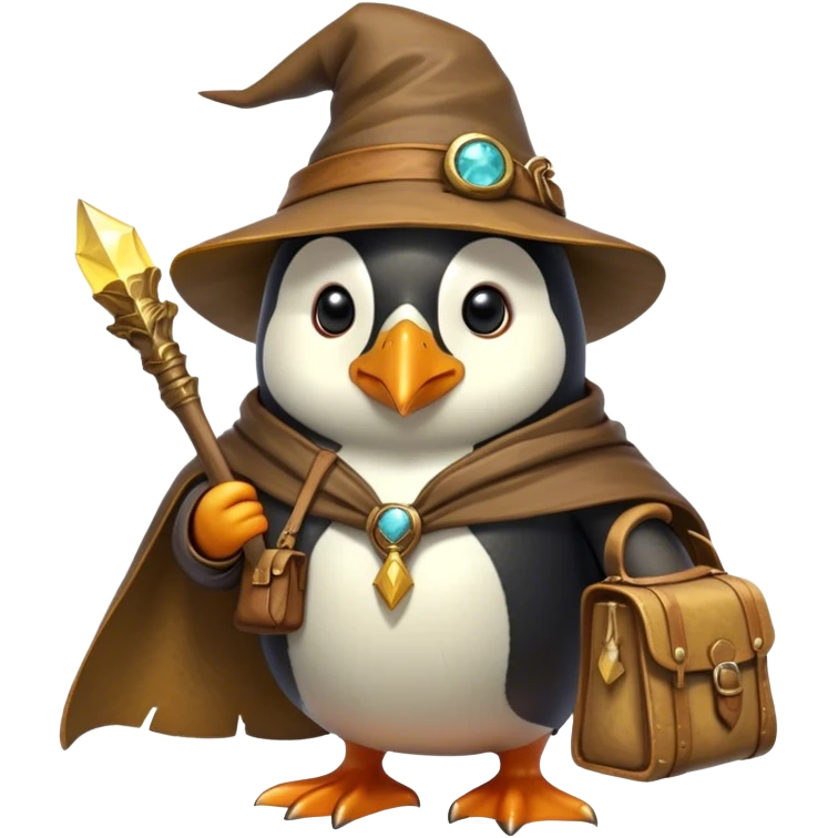 A wizard-explorer penguin inspired by Indiana Jones, wearing a weathered yellow enchanted hat and a flowing cape. It carries a leather satchel with ancient scrolls and holds a glowing magical relic. Cartoon-style, smooth shading, highly detailed, no background emoji