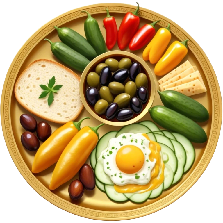 A beautifully arranged Middle Eastern breakfast spread, served in elegant golden plates., cucumbers, and bell peppers, along with olives, dates, and cheeses. There are also classic breakfast staples like scrambled eggs, cold cuts, honey, jam, and creamy cheeses.  emoji