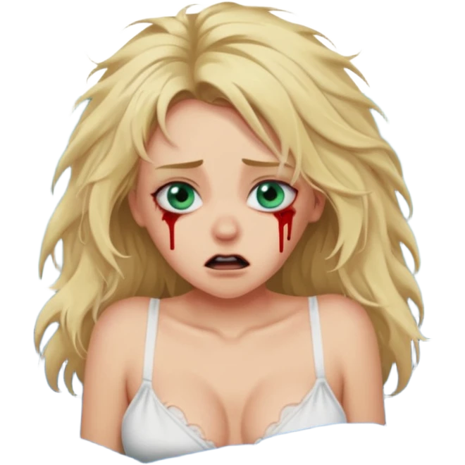 Blonde baddie with very long messi hair blue-green eyes  and lay in a big bed in underwear sie hat Todesangst und guckt schmerzhaft erschrocken Bettlacken ist blutig ihre Brüste unecht .  emoji