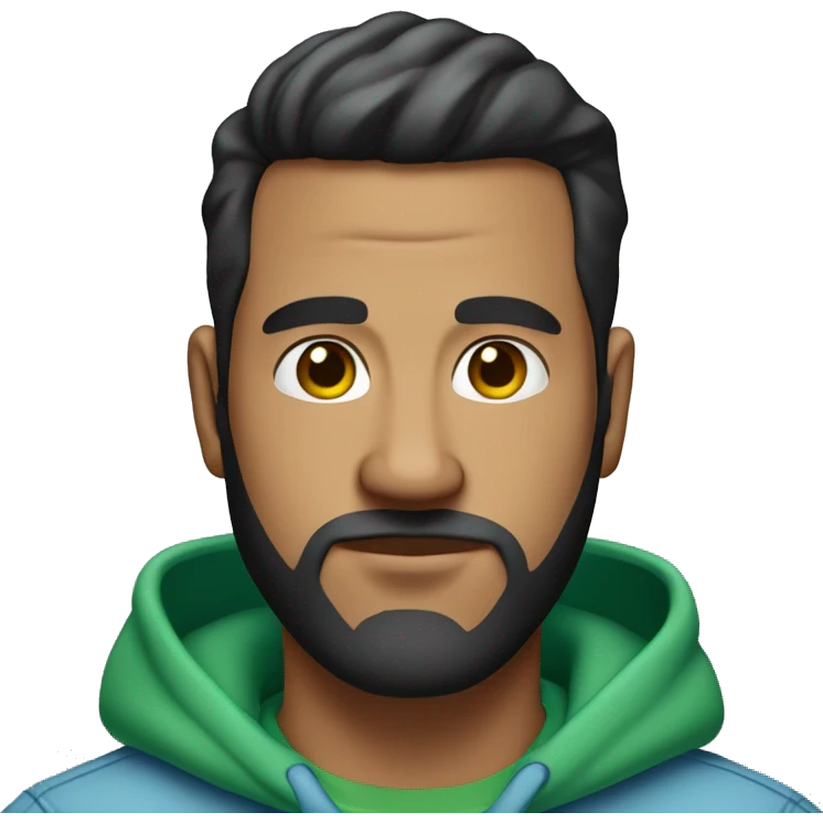 very wide guy with black straight backslicked hair big chest green hoodie and light blue jeans and a very very short beard, with acne emoji