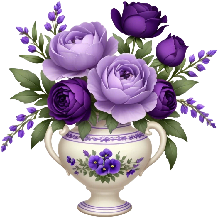 A dainty porcelain vase, hand-painted with delicate lavender pansies and deep purple roses, holds an elegant bouquet of amethyst-hued peonies, fragrant sprigs of wild lavender, and trailing silk ribbons, with a tiny heart-shaped charm dangling from its neck, swaying gently in the evening breeze.
 emoji