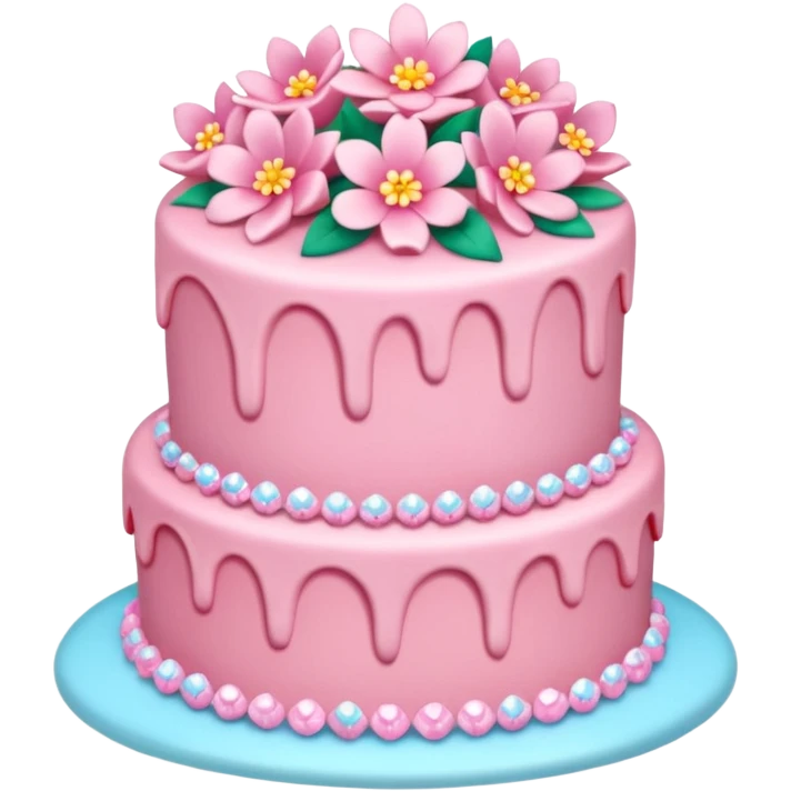 Three layer pink cake adorned with overflowing pink flowers and opal crystals  emoji
