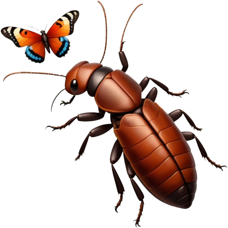 Close-up of giant Madagascar hissing cockroaches, butterflies, and stick insects in their natural habitat. The insects are shown in detail, highlighting their unique textures and colors, surrounded by plants and leaves. Soft lighting to enhance their features. Transparent background. emoji