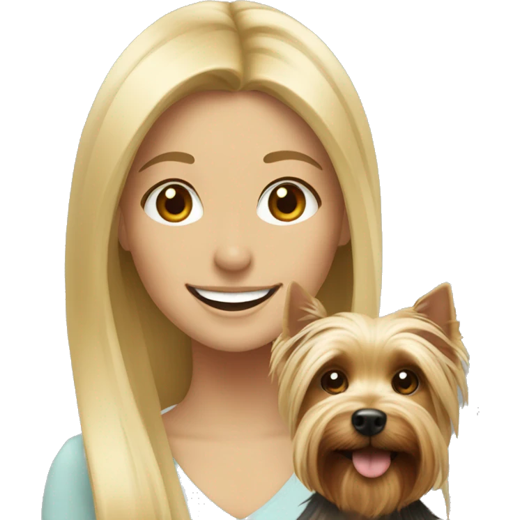 blonde girl smiling with  Yorkshire Terrier emoji