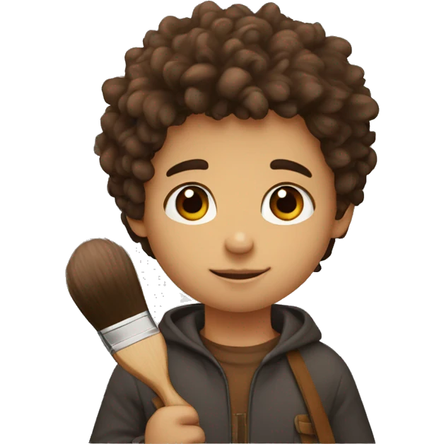 A boy holding a brush. Brown eyes, drk bear and hair emoji