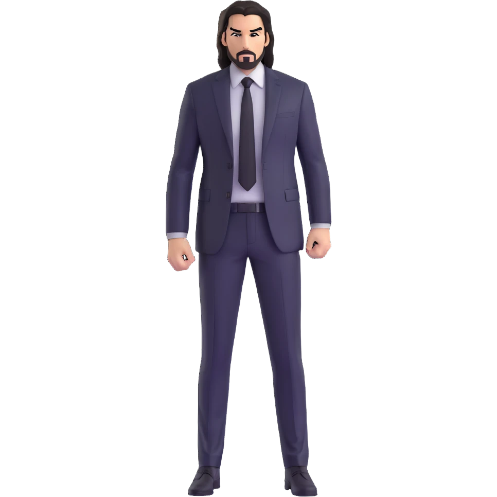 John Wick in black suit and tie, long dark hair, intense stare, action pose emoji