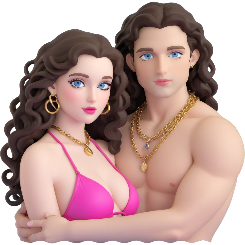 attractive couple kissing by private luxury pool, evening mood lighting, curvier woman with fuller figure, big blue-grey eyes, long lashes, pale skin, pink lips, long voluminous dark brown curls, gold hoop earrings, extremely minimal micro bikini barely covering anything on her plumper body, embracing handsome man with intense blue-grey eyes, chiseled features, pale skin, dark brown styled hair, gold chain, extremely minimal swimwear, most revealing possible outfits, romantic passionate kiss emoji